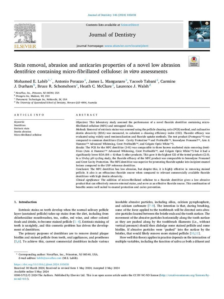 Stain removal, abrasion and anticaries properties of a novel low-abrasion dentifrice containing micro-fibrillated cellulose: in vitro assessments