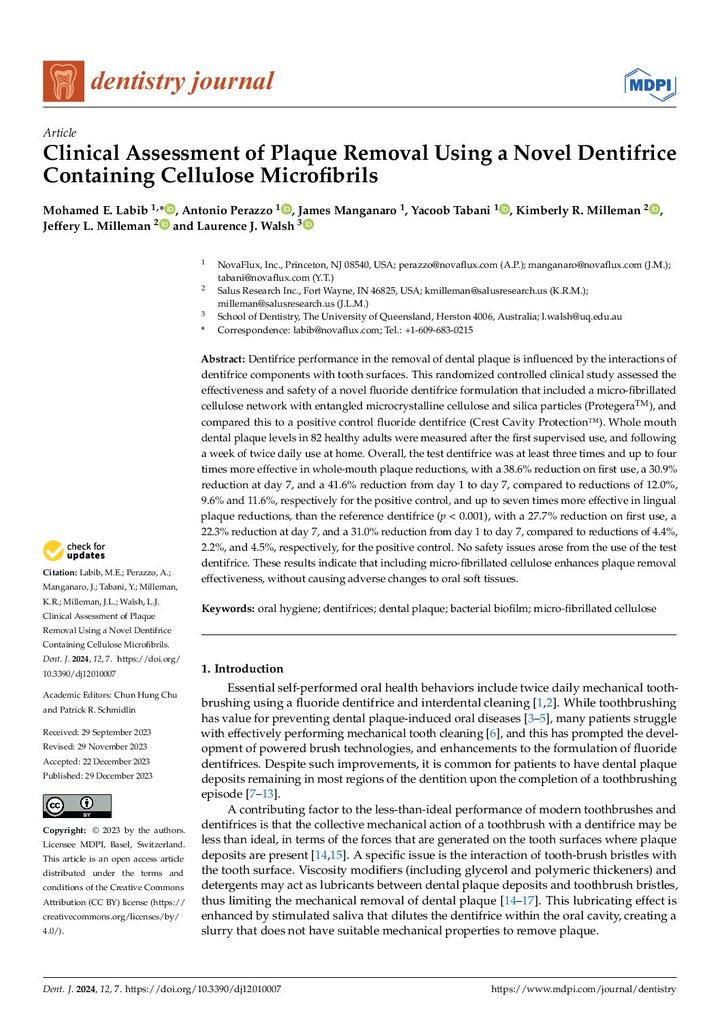 Clinical Assessment of Plaque Removal Using a Novel Dentifrice Containing Cellulose Microfibrils